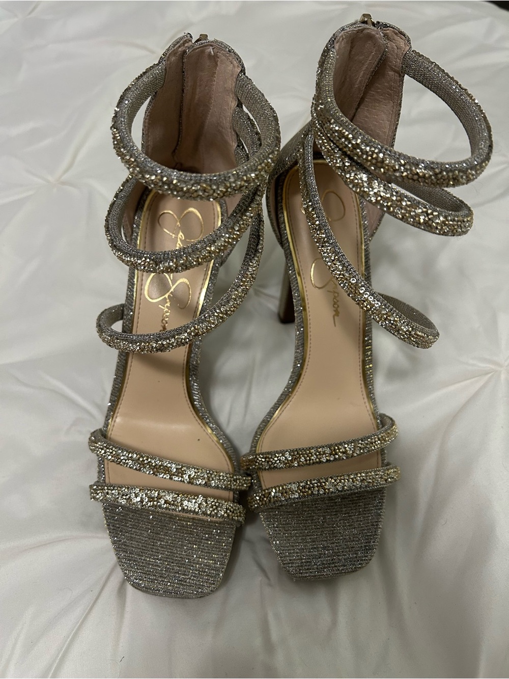 Jessica Simpson Beyonah Gold/Silver Glitter Spiral-Strap Stiletto Heels